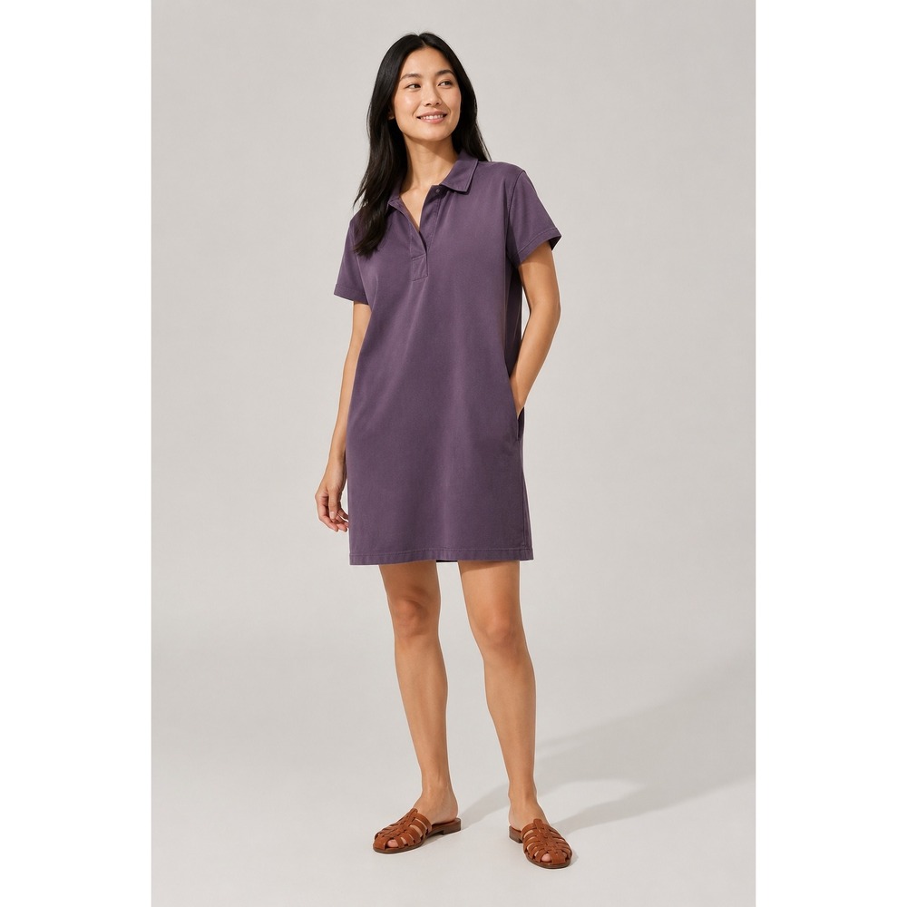 Pact Organic Cotton Polo Dress Purple Short Sleeve Mini with Pockets Large